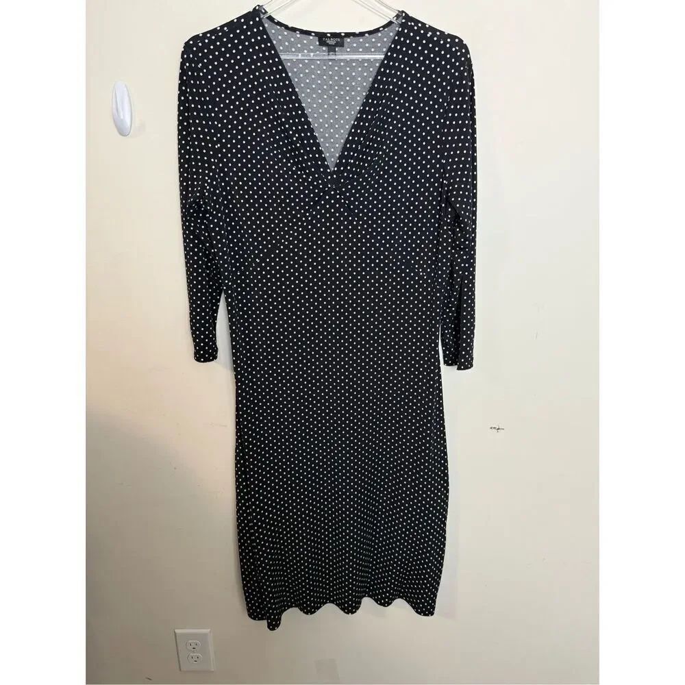 Talbots Size 14P Black White Polka Dot Midi Dress Twist Front Stretch Knit V-Nec